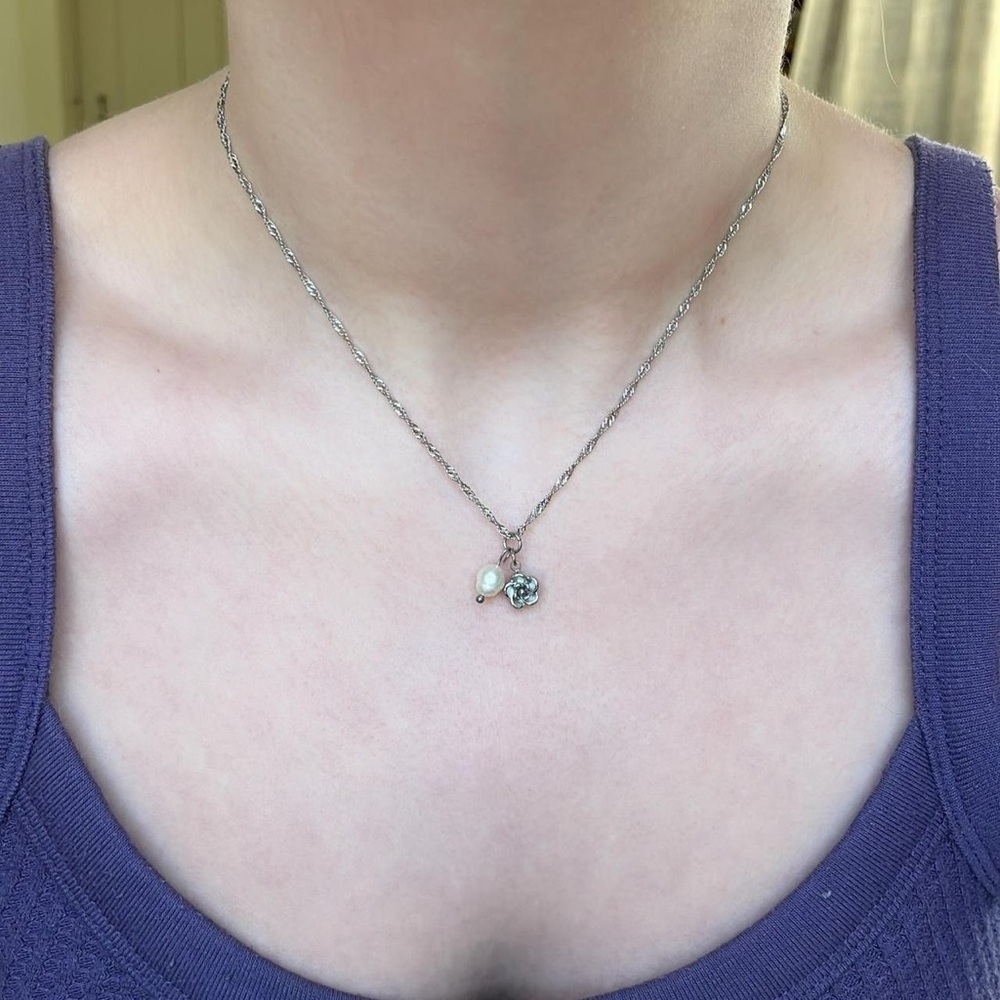 Silver Rose and Pearl Charm Necklace